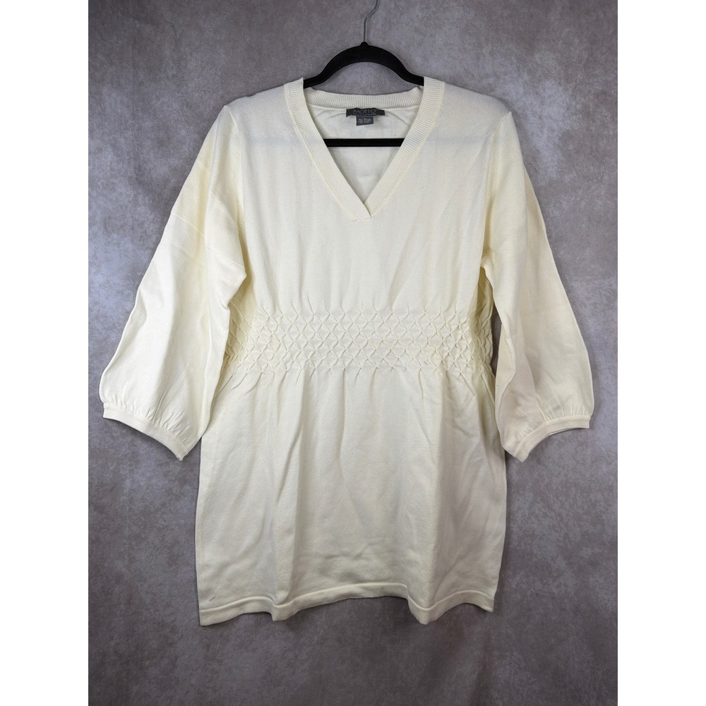 NWOT Motto Cream V Neck Smocked Waist 3/4 Sleeve Knit Tunic‎ Top Women's L